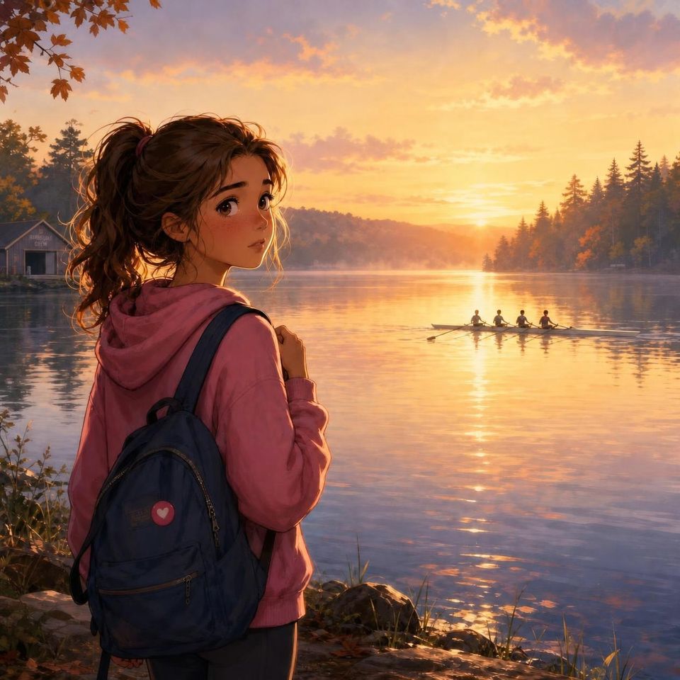 Chloe in a pink hoodie with her backpack, watching a crew boat glide across the lake at sunrise